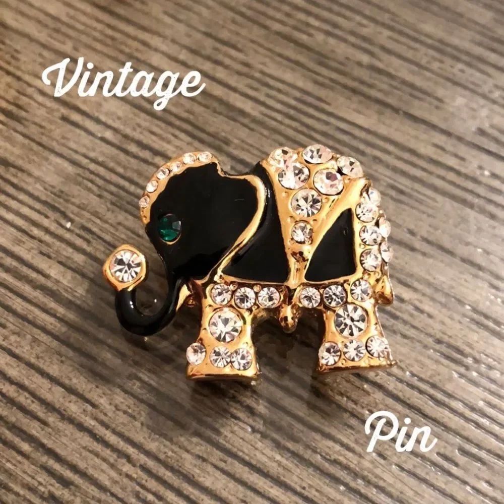 Vintage Black Enamel & Rhinestone Lucky Elephant Pin